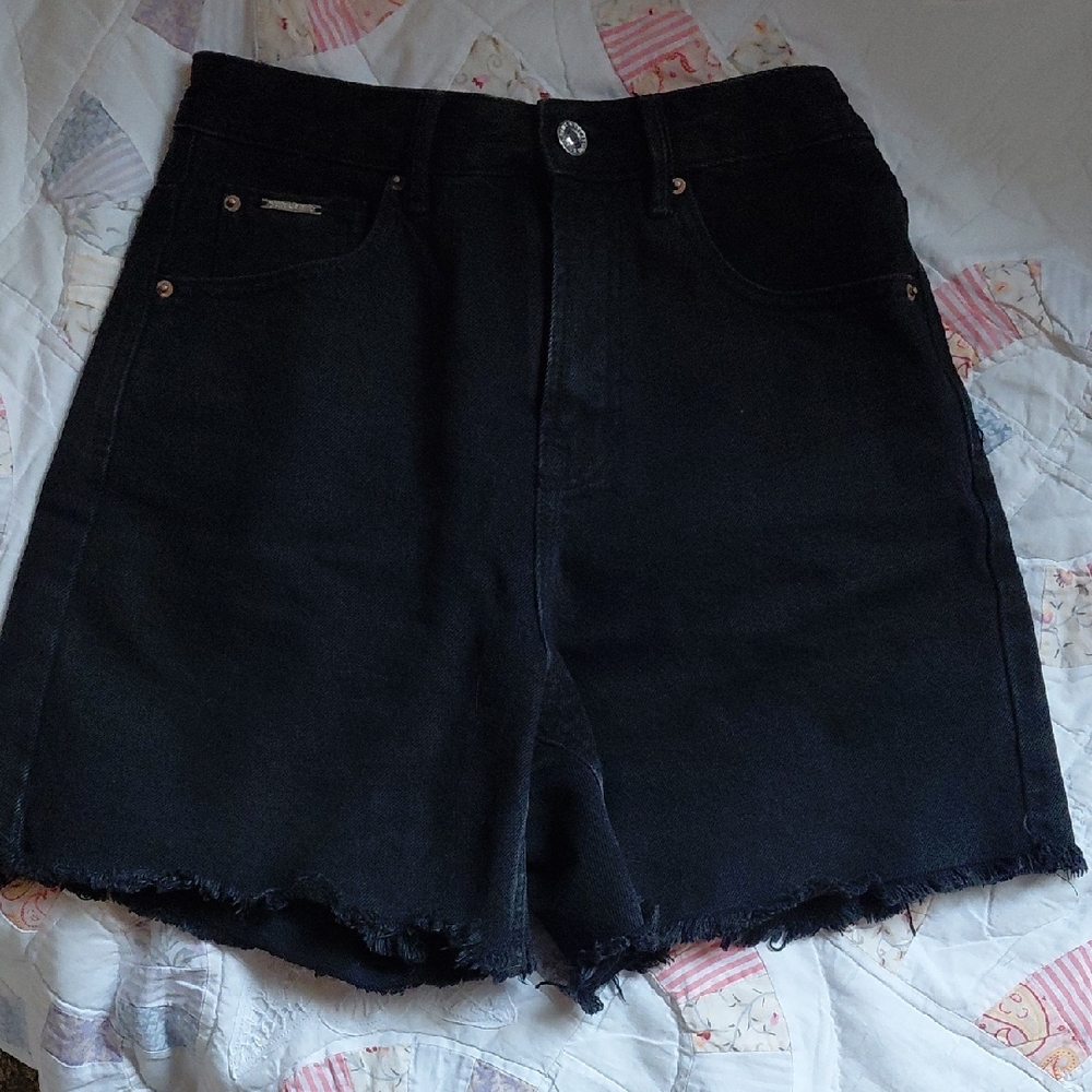 Stradivarius Black Jean Shorts with Frayed Hem